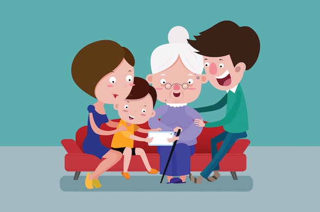 Premium Vector | Family members and old women grandma online together.