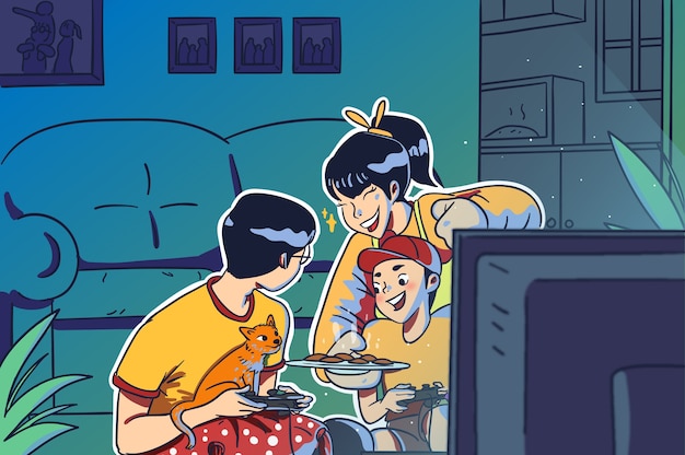 家族のお母さん お父さんと息子のゲームをプレイ いくつかのクッキーを食べて楽しんで 手描きのカラーイラスト プレミアムベクター