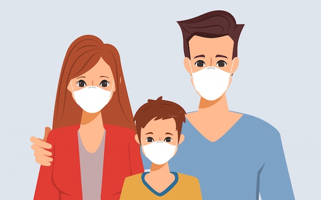 Premium Vector | Family people in quarantine wearing a face mask