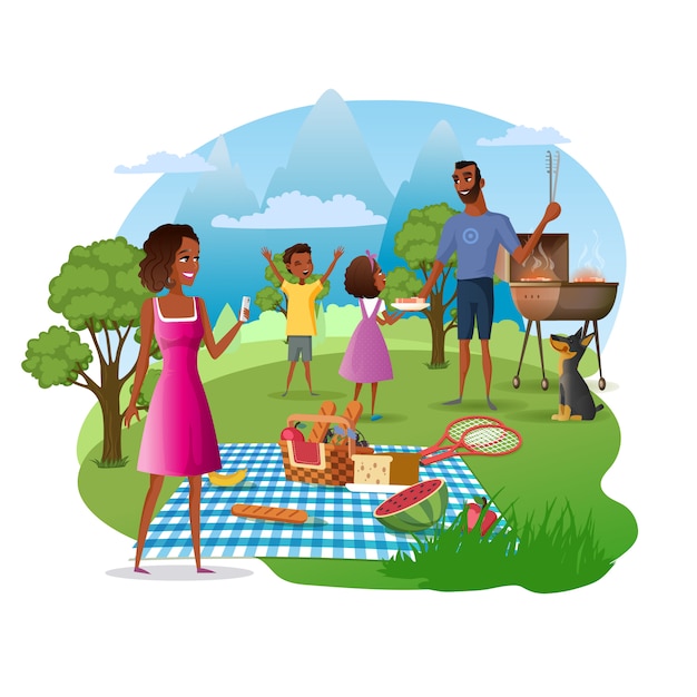 Family picnic in national park cartoon vector | Free Vector