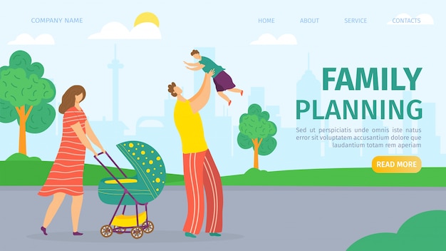 Download Family planning and development landing web page, illustration. mother, father, baby in pram and ...