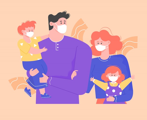 Premium Vector | Family in protective medical masks. dad, mom, son and daughter together do not ...