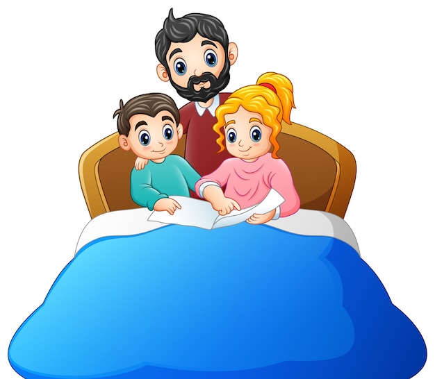 Family reading a book to son on bed on a white background Premium Vector