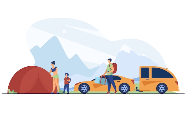 Download Free Vector | Family setting up camp in mountains ...