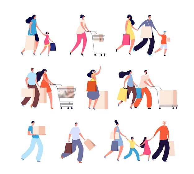 Premium Vector | Family shopping. consumers, woman buy food or clothes