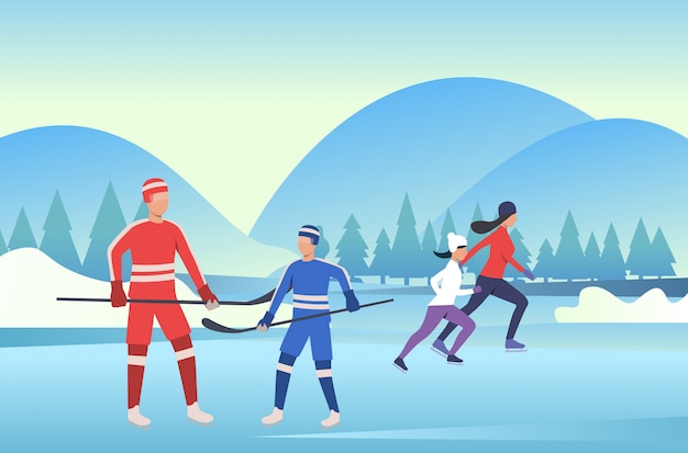 Family skating and playing hockey on frozen pond Vector | Free Download