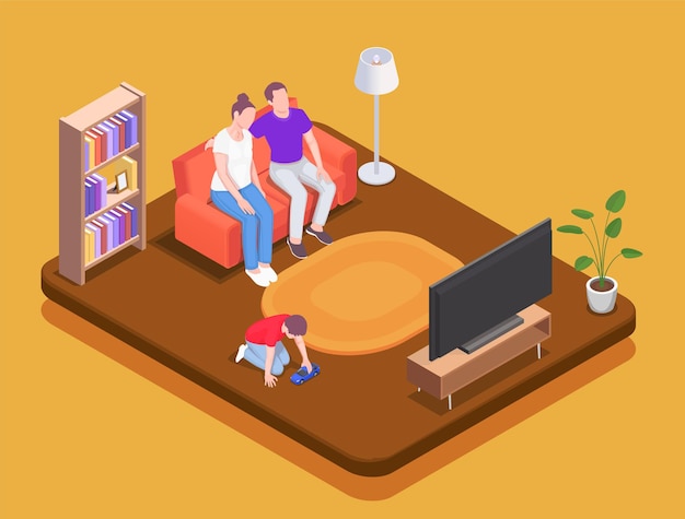 Premium Vector | Family spending time at home isometric illustration