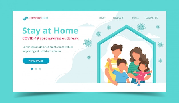 Family staying at home in self quarantine, landing page or banner template. Premium Vector