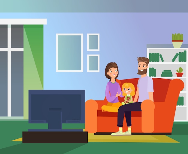 家族で一緒にテレビを見たり 家族の夜 幸せな両親と娘がリビングルームのソファに座ってテレビ 漫画のフラットスタイルのイラストを見てください プレミアムベクター