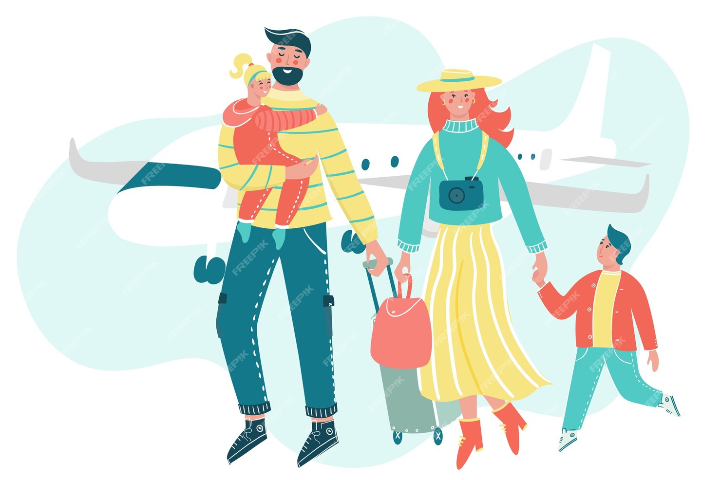 Premium Vector | Family traveling together with luggage and plane on ...