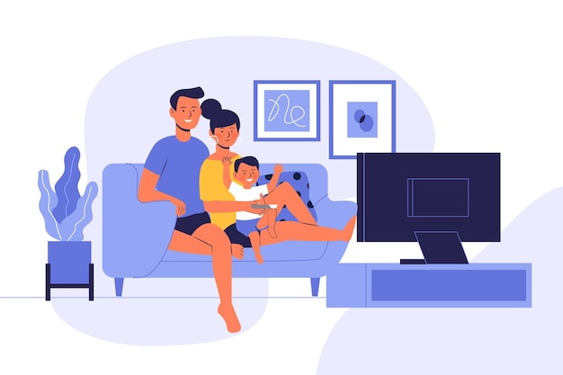 Premium Vector | Family watching a movie together at home