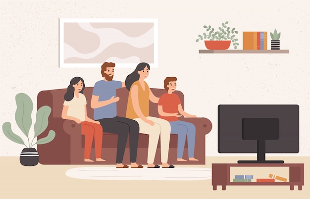 家族で一緒にテレビを見ています 幸せな人は家のイラストで映画を見て若い家族のリビングルームでテレビを見る プレミアムベクター
