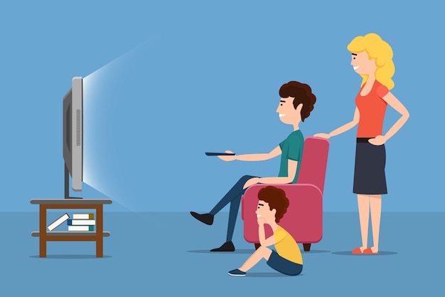 テレビを見ている家族 女男子とスクリーン ベクトルフラットイラスト 無料のベクター