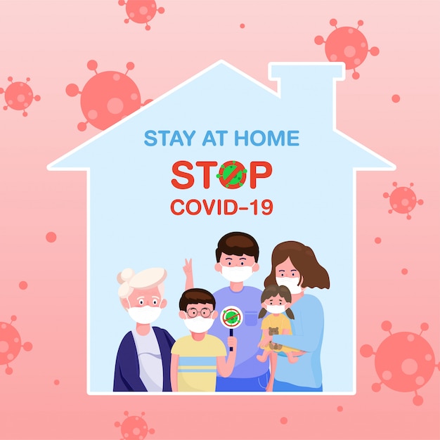 Premium Vector | The family wearing protective medical mask in flat style stay  at home and stay safe for protect coronavirus. covid-19 outbreaking and  pandemic attack concept.
