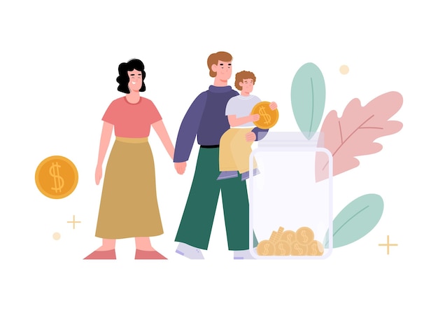 Premium Vector | Family with money jar isolated