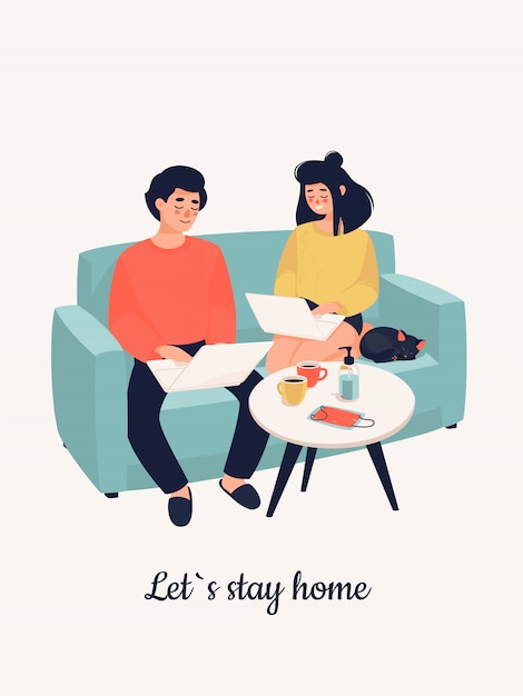 Premium Vector Family Working On Laptops In A Sofa And Text Let S Stay Home