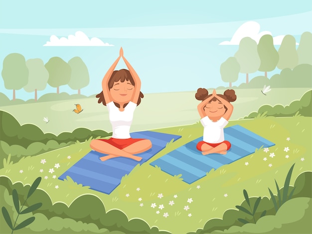 Premium Vector Family Yoga Mother And Daughter Making Exercises Outdoor In The Park Yoga Fitness Training Skills Vector Cartoon Daughter With Mother Do Yoga Sport And Fitness