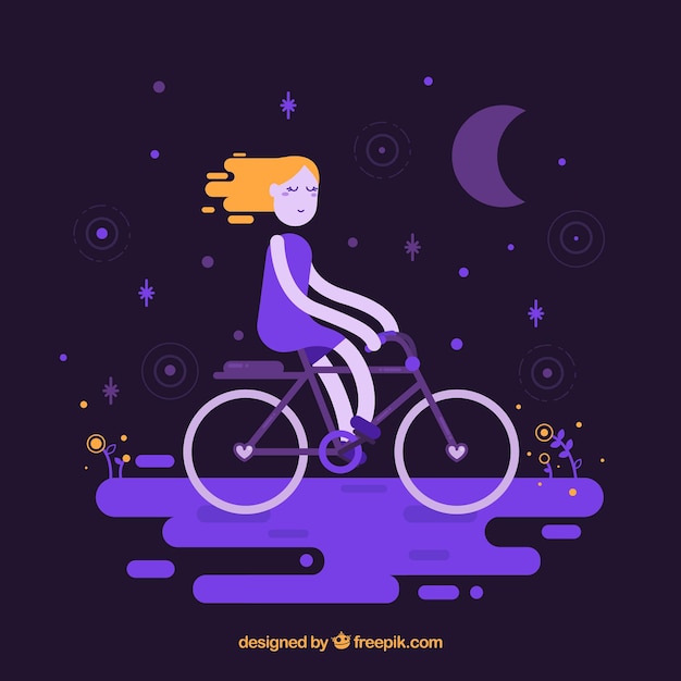 Fantastic background of girl with bicycle in a\
night landscape