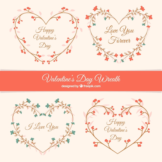 Fantastic floral wreaths in flat design for\
valentine\'s day