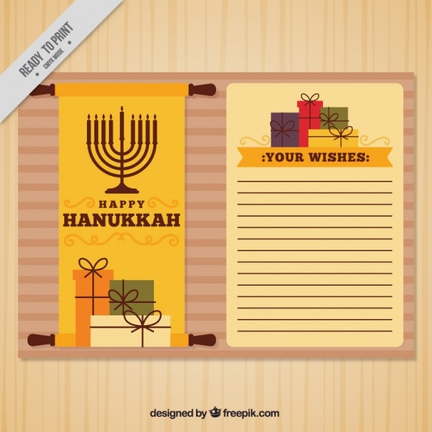 Fantastic greeting card with gifts and\
candelabra for hanukkah