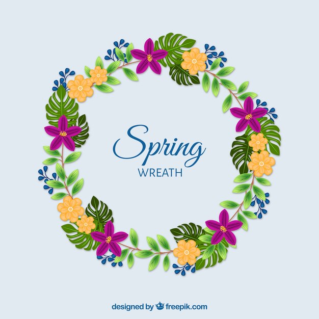 Fantastic spring wreath with purple and yellow\
flowers