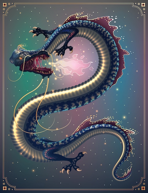 Premium Vector Fantasy Fire Breathing Chinese Flying Dragon Illustration With Hieroglyph Means Dragon