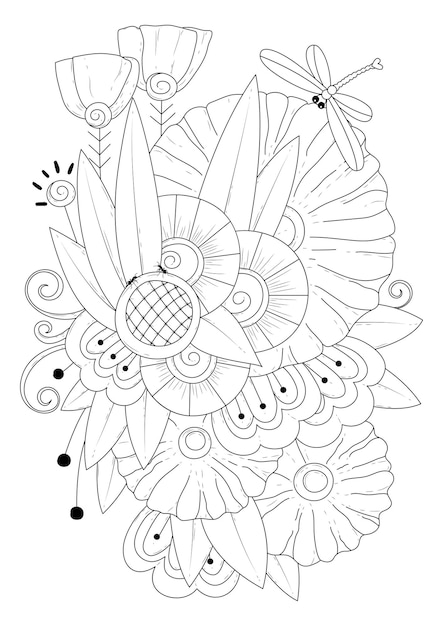 ファンタジーの花のつぼみとトンボアートラインぬりえページイラスト プレミアムベクター