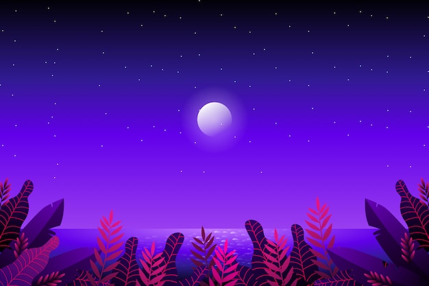 Fantasy Forest With Starry Night Sky And Sea Premium Vector