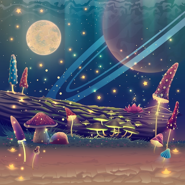 夜の森の風景に月のイラストが描かれたファンタジーキノコガーデンまたは魔法の公園 プレミアムベクター