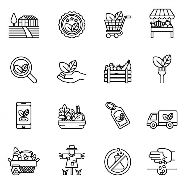 Farm and agriculture line icon set. farmers, plantation, gardening, animals, objects, harvester truc