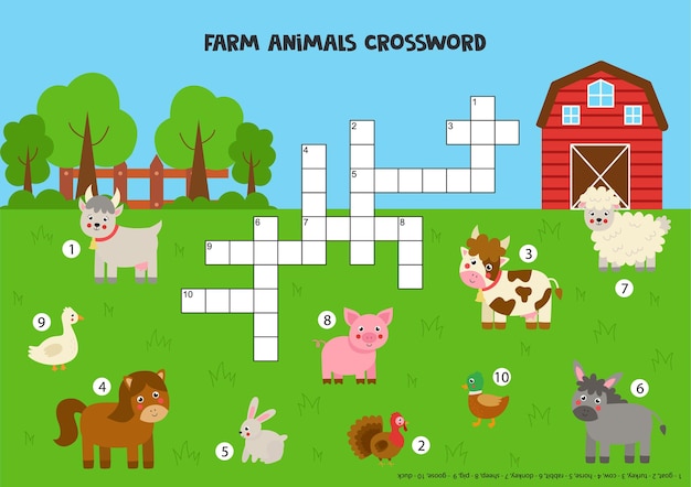 子供のための家畜クロスワードパズル かわいい笑顔の家畜 子供のための教育ゲーム プレミアムベクター