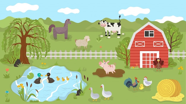 夏の牧草地 イラストの農場の動物かわいい漫画のキャラクター プレミアムベクター