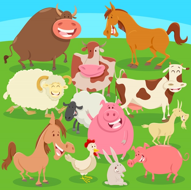 Premium Vector Farm Animals On The Meadow Cartoon Illustration