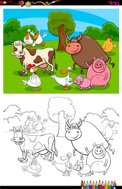Farm animals on the meadow coloring book | Premium Vector