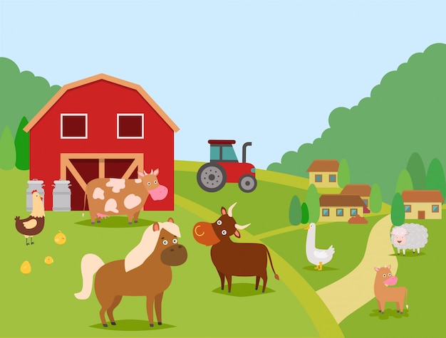 Farm animals vector illustration. domestic animals cow ...