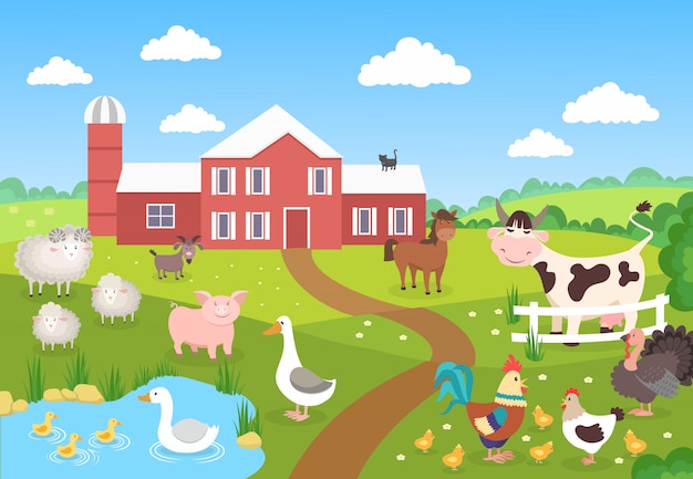 Premium Vector | Farm animals with landscape. horse pig duck chickens ...