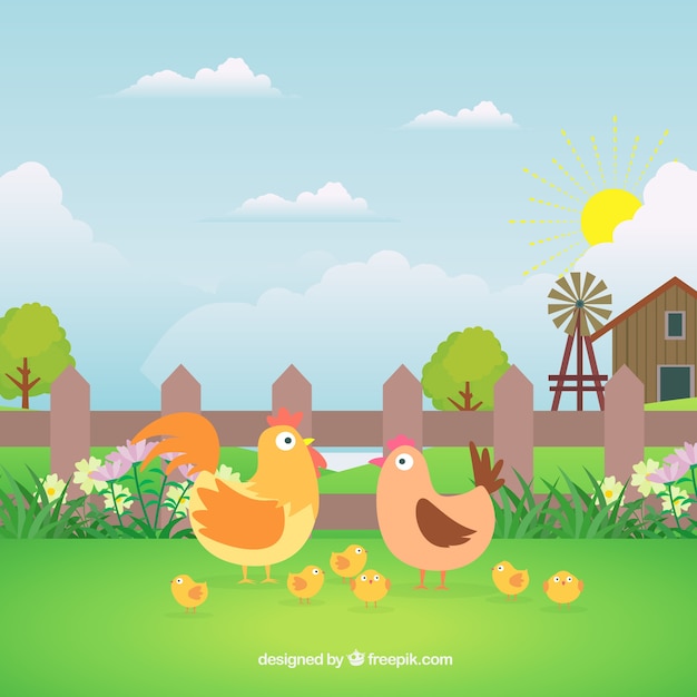 Free Vector | Farm background with nice chickens