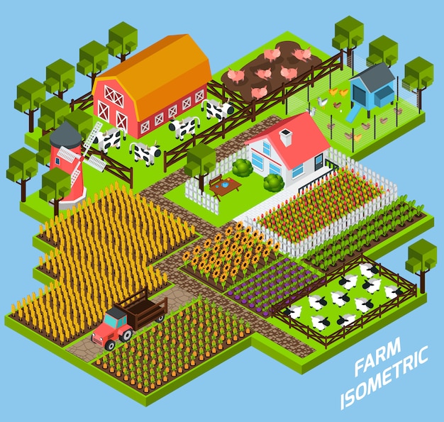 Farm complex isometric blocks composition Free Vector