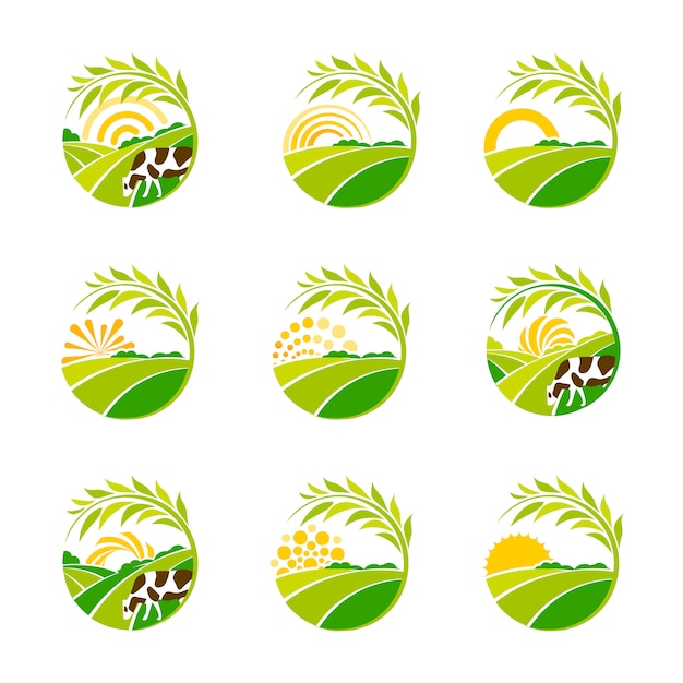 Farm isolated green logo collection. rural landscape logos set ...