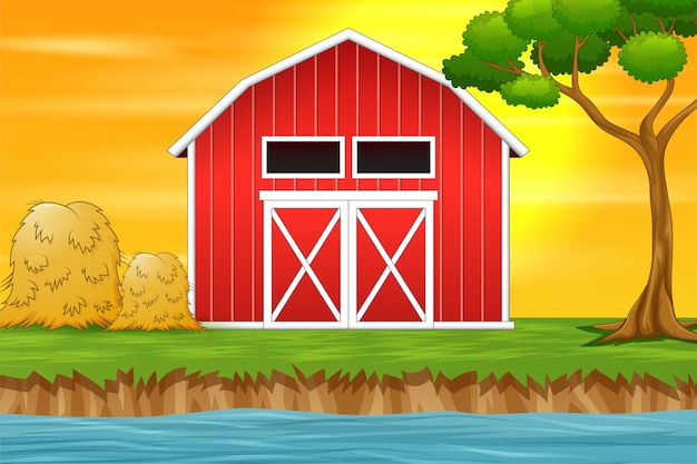 Farm Landscape Background With Red Barn Premium Vector