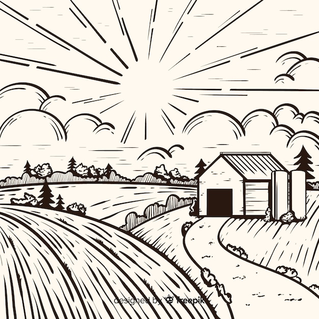 Free Vector Farm landscape in hand drawn style