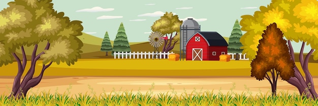 Premium Vector | Farm landscape with field and red barn in autumn season