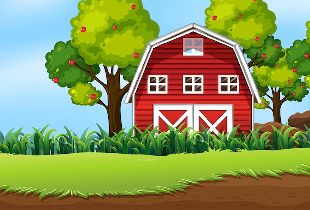 Free Vector | Farm in nature scene with barn and apple tree