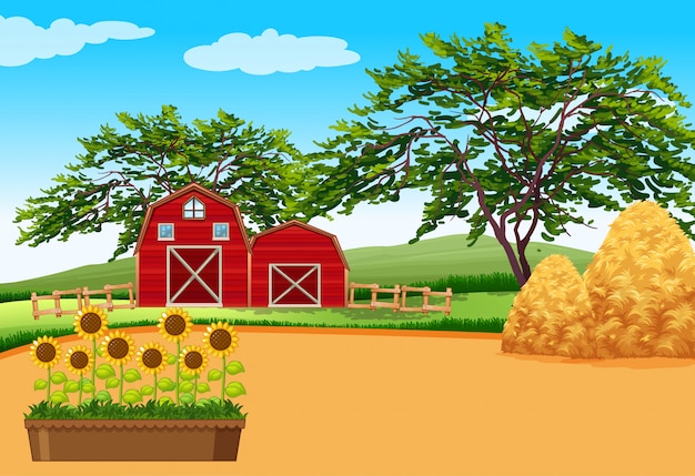 Free Vector | Farm scene with barn and flowers on the farm