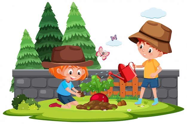 Premium Vector | Farm scene with boy and girl planting vegetable