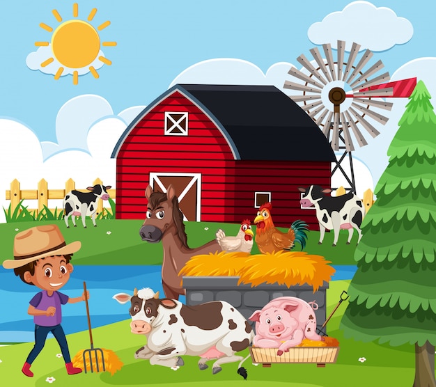 Premium Vector | Farm scene with boy and many animals on the farm