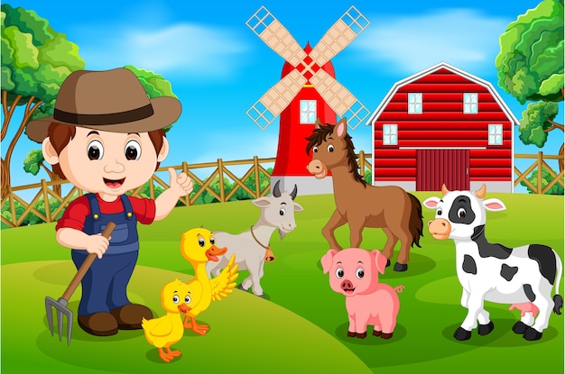 Premium Vector | Farm scenes with many animals and farmers