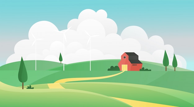ファーム夏の風景イラスト 緑の芝生のフィールド 草原の丘 草原と風車 自然の風景を通して農家の家への道と漫画農地田舎背景シーン プレミアムベクター