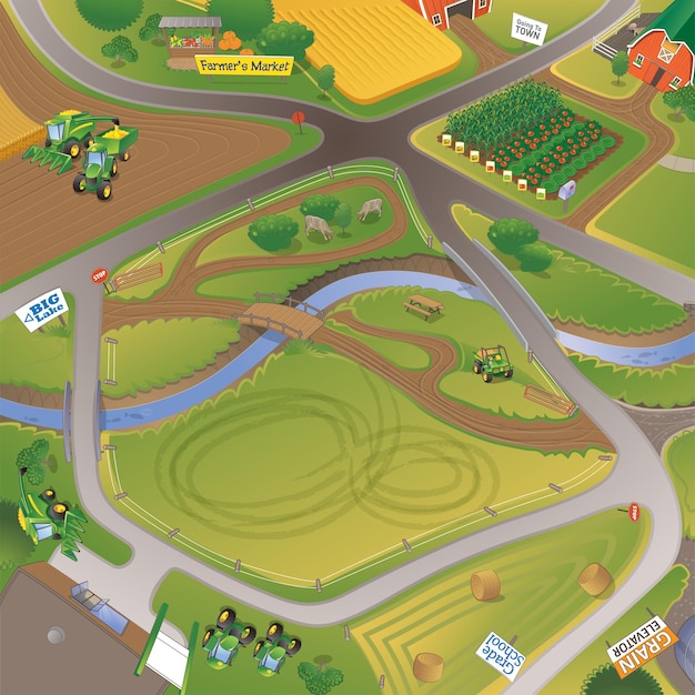 Premium Vector | Farm track maps with lovely hometown landscape for ...