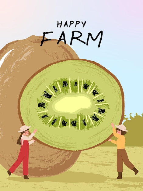 キウイフルーツと農家の漫画のキャラクターが農場のポスターイラストで収穫 無料のベクター